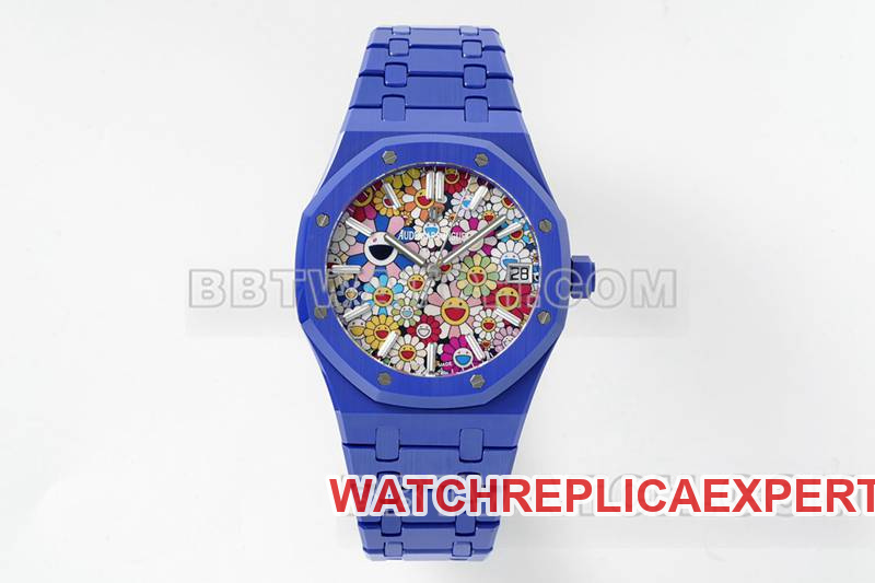 Réplique optimale de montre APS Factory Royal Oak cadran à motif floral bracelet en céramique bleue et acier modèle 15500 Audemars Piguet