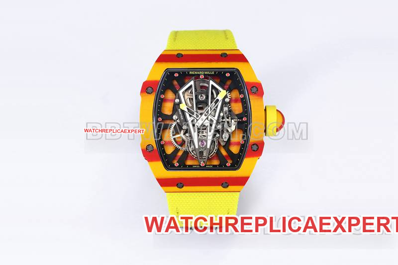 Richard Mille Meilleures Répliques de Montres BBS Factory Tourbillon Mécanique Bracelet Velcro en Caoutchouc Jaune Tissé RM27-03