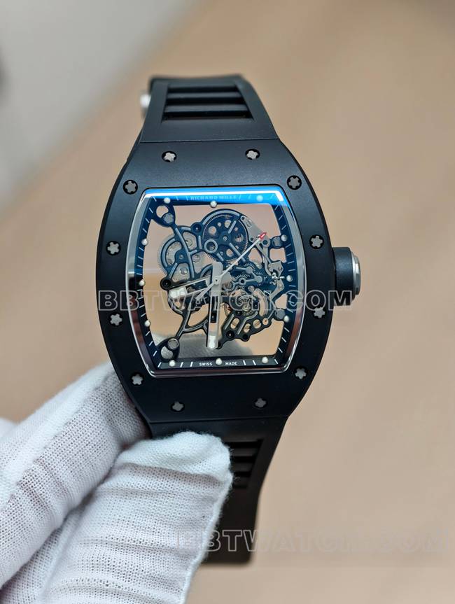 Montres Répliques Haut de Gamme Usine APS Tourbillon Mécanique Céramique Noire Caoutchouc Modèle RM055 Richard Mille