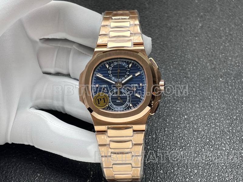 Montre Super Clone Patek Philippe Sport Élégante Cadran Bleu Mécanique Or Rose Bracelet Acier Modèle 5990