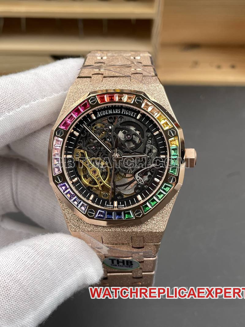 Audemars Piguet Super Clone Watch THB Factory Royal Oak Rainbow Diamond Ring Frost Gold Rose Gold Steel Strap Model 15412
