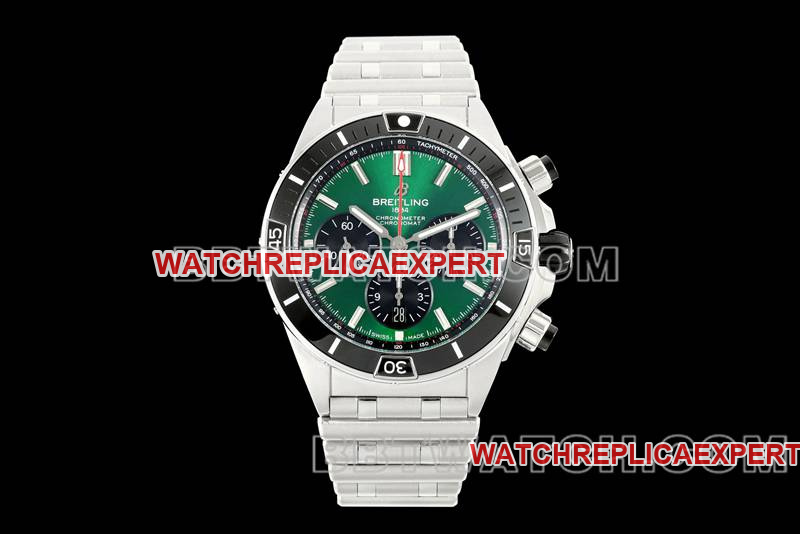 1:1 replica watches TF factory mechanical chronograph green disk 44mm Breitling steel belt models