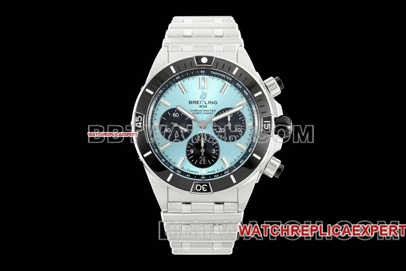 Super Clone Watch TF Factory Mechanical Chronograph Light Blue Dial 44mm Steel Strap Breitling Model