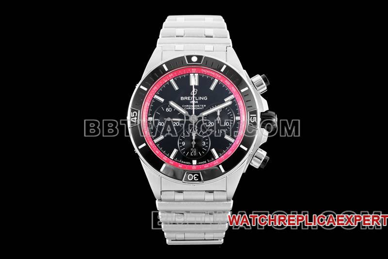 Optimal Replica Watches TF Factory Mechanical Chronograph Black and Red Disk 44mm Breitling Steel Belt Models