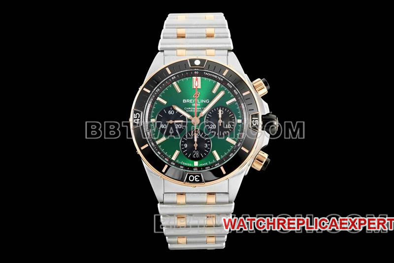 Breitling Super Clone Watch TF Factory Mechanical Chronograph Green Disc 44mm Intergold Steel Strap Model 44mm Breitling