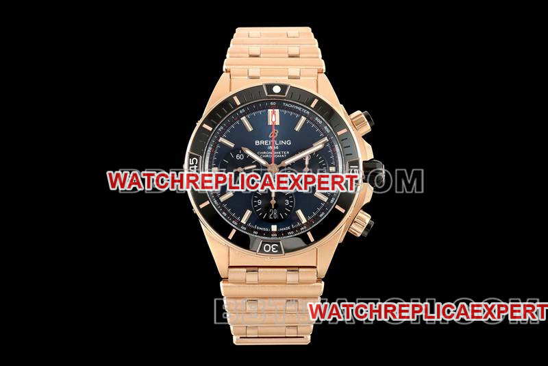 Breitling Top Replica Watches TF Factory Mechanical Chronograph Black Dial 44mm Rose Gold Steel Bracelet Models 44mm Breitling