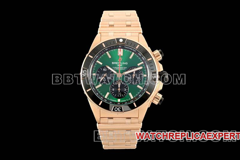 44mm Breitling optimal replica watches TF factory mechanical chronograph green disk rose gold steel belt models