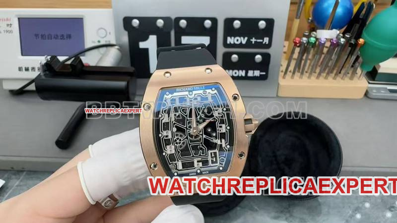 Best Replica Richard Mille Rose Gold Skeleton Disk Mechanical Rubber Model RM 67-01