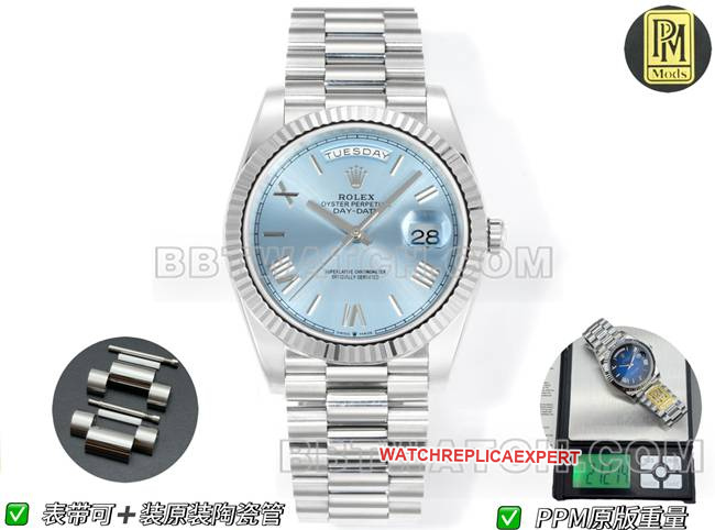 1:1 replica Rolex watch PPM factory Rolex day-date mechanical ice blue dial Roman numerals