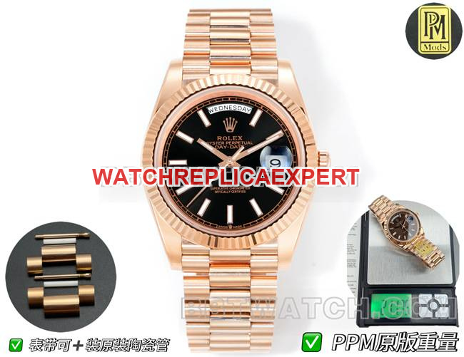 1:1 replica watch day-date PPM factory Rolex mechanical black dial rose gold Rolex