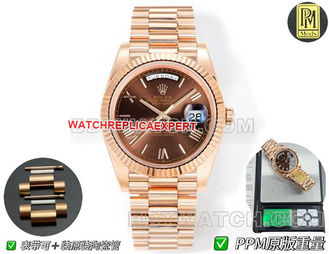 Super Clone Watch Day-Date PPM Factory Rolex Mechanical Brown Dial Roman Numerals Rose Gold Rolex