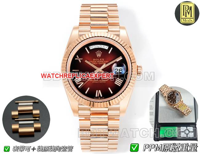 Top-quality replica Rolex rose gold PPM factory day-date mechanical gradient brown dial Roman numerals