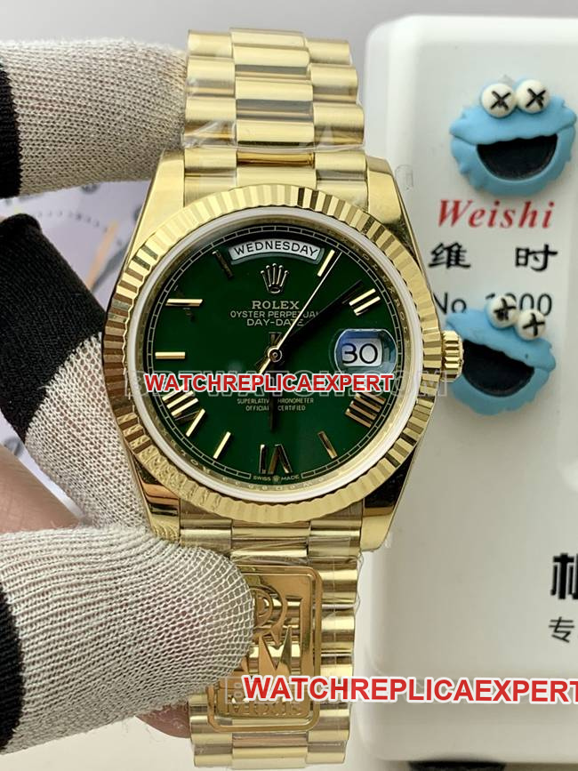 Best Replica Watch Rolex P0 Gold PPM Factory Day-Date Mechanical Green Dial Roman Numerals