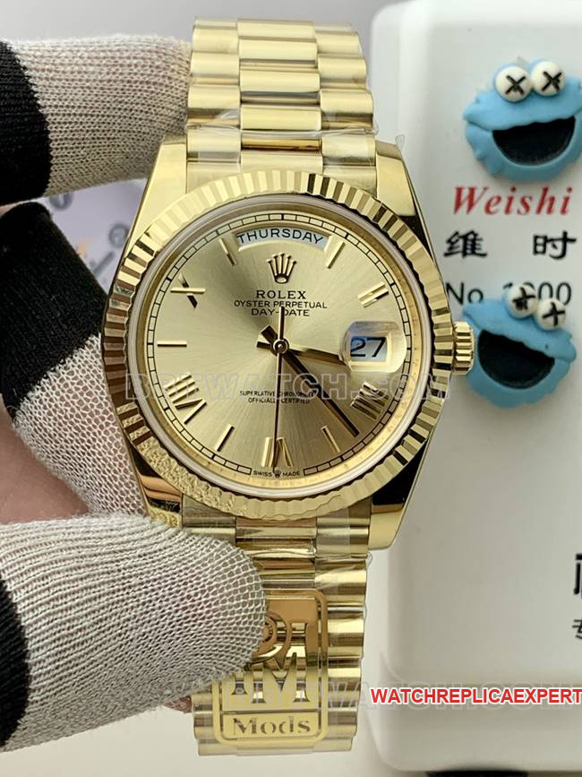 Top-Quality Replica Rolex Gold PPM Factory Day-Date Mechanical Gold Dial Roman Numerals