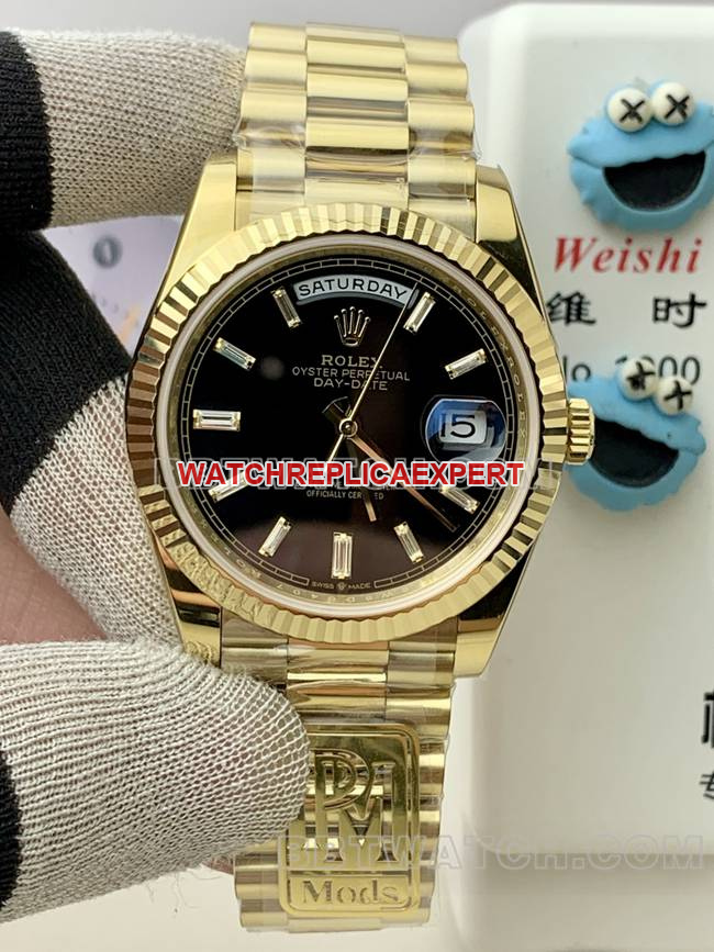 Best Replica Watch Rolex Black Dial PPM Factory Day-Date Mechanical Gold Rolex