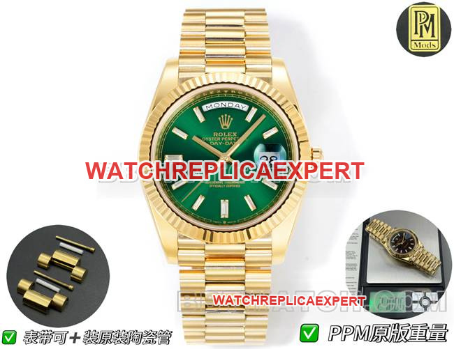 watch Rolexyellow goldPPM factory Day-Date mechanical green dialfront live photo