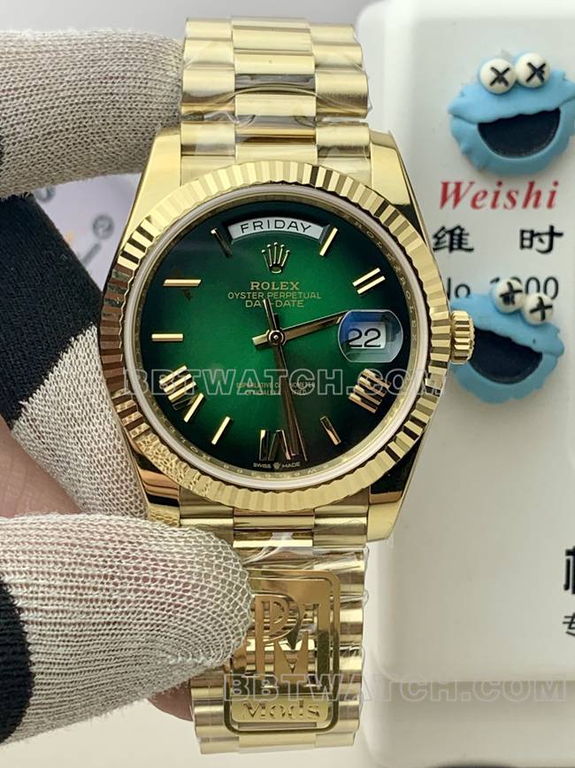 1:1 Replica Watch PPM Factory Gradient Green Dial Roman Numerals Rolex Day-Date Gold Mechanical