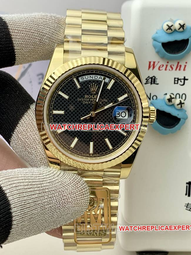 Super Clone Watch PPM Factory Black Dial Checkered Rolex Day-Date Gold Mechanical