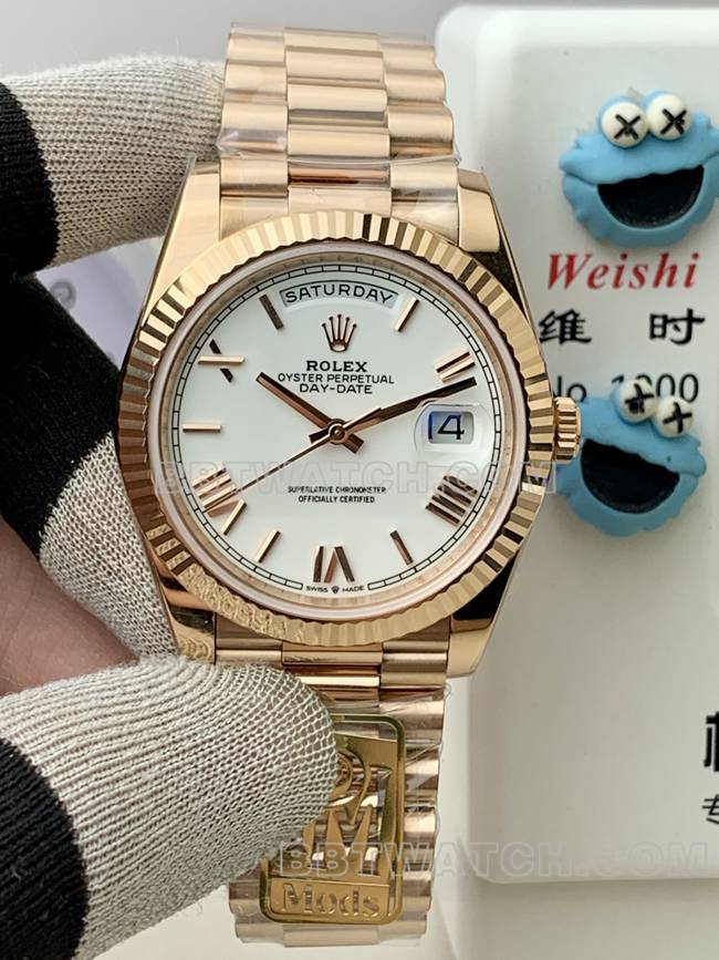 Best Replica Watch PPM Factory White Dial Roman Numerals Rolex Rolex Day-Date Rose Gold Mechanical