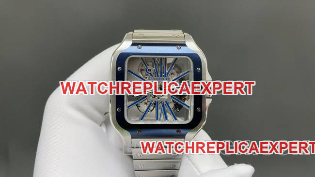 Super Clone Watch Cartier MLF Factory Santos Blue Skeleton Dial Mechanical Cartier