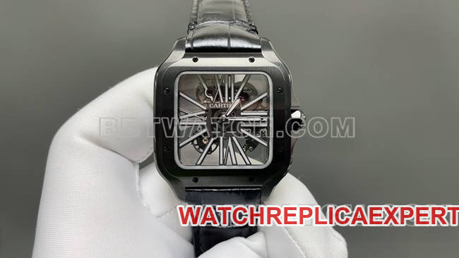 The Best Replica Watch Santos MLF Factory Cartier Black Skeleton Dial Mechanical Leather Strap Cartier