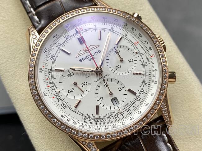 Breitling réplica 1:1 cronógrafo de aviación BLS fábrica Breitling modelos de oro rosa con diamantes y correa de disco blanco