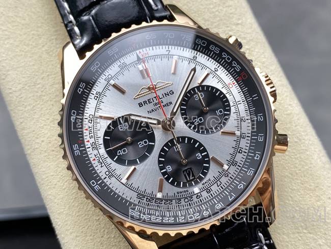 Best Replica Watches Aviation Chronograph BLS Factory Breitling Rose Gold Silver Gray Dial Belt Model Breitling