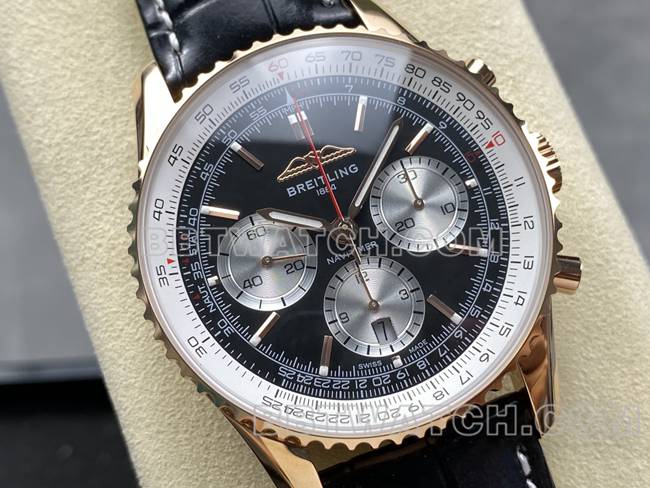 Top Replica Watches BLS Factory Breitling Aviation Chronograph Rose Gold Black Plate Belt Model Breitling