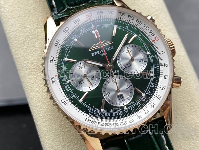 Best replica watches BLS factory Breitling aviation chronograph rose gold green dial strap models Breitling