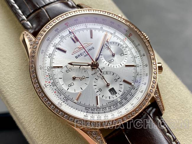 Best replica watches BLS factory silver white dial Breitling aviation chronograph rose gold with diamonds strap models Breitling