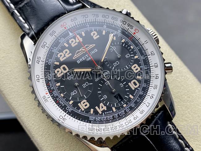 Super Clone Uhr BLS Factory, schwarzes und weißes Zifferblatt, Luftfahrt-Chronograph, Gürtel, Modell Breitling