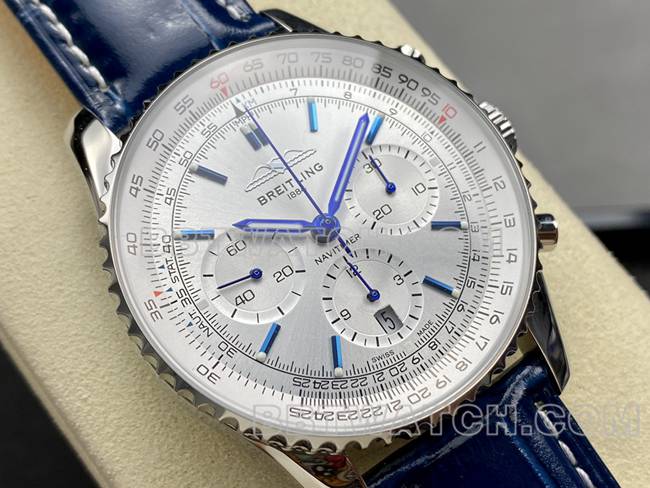 Best replica watches BLS factory aviation chronograph Breitling silver white dial blue strap models Breitling