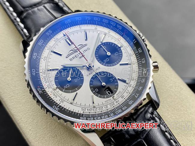 Super Clone Uhr BLS Factory Aviation Chronograph Breitling Silbergraues Zifferblatt Braunes Armband Modell Breitling