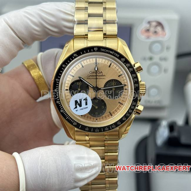 Best Collectwatch Speedmaster N1 factory Omega gold plate yellow goldsteel bracelet model front live photo