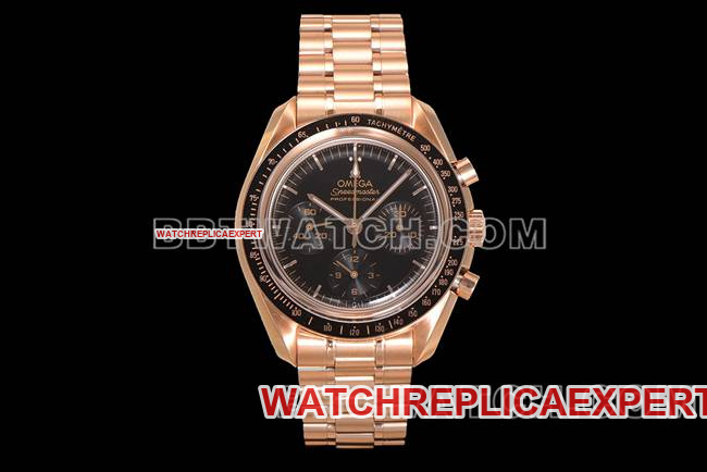 Top-quality replica watch Omega Speedmaster N1 factory black dial rose gold steel strap