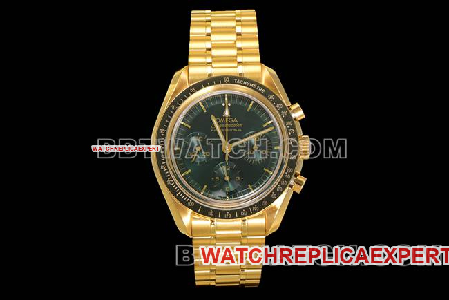 Omega 1:1 Replica Watch N1 Factory Speedmaster Omega Green Dial Gold Steel Strap
