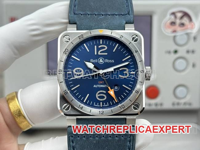 Top-quality replica Bell & Ross watch with blue dial 42mm dual time zone leather strap 42mm