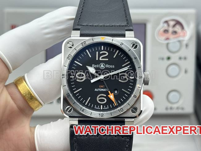 La meilleure réplique Bell & Ross Cadran noir 42 mm Bracelet en cuir double fuseau horaire 42 mm