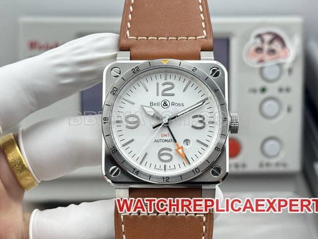 1:1 Replica Bell & Ross White Dial 42mm GMT Dual Time Zone Leather Strap Model 42mm