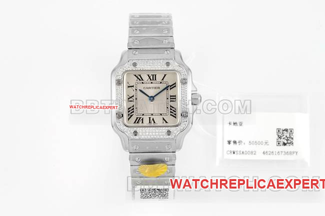 Top Replica Watches Cartier Santos Silver Dial Diamond Bezel Quartz Movement