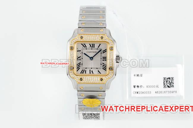Cartier 1:1 Replica Watches Santos Silver Dial Yellow Gold Set with Diamond Bezel Quartz Movement