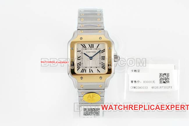 Cartier Super Clone Watch Santos Silver Dial Yellow Gold Circle Quartz Movement