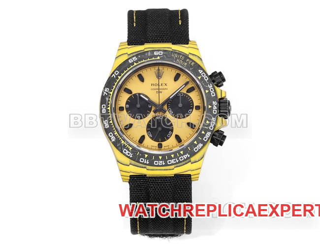 Best Replica Watches TW Factory Rolex Daytona Yellow Plate Yellow Case Black Nylon Strap 40X12.4 Carbon Fiber