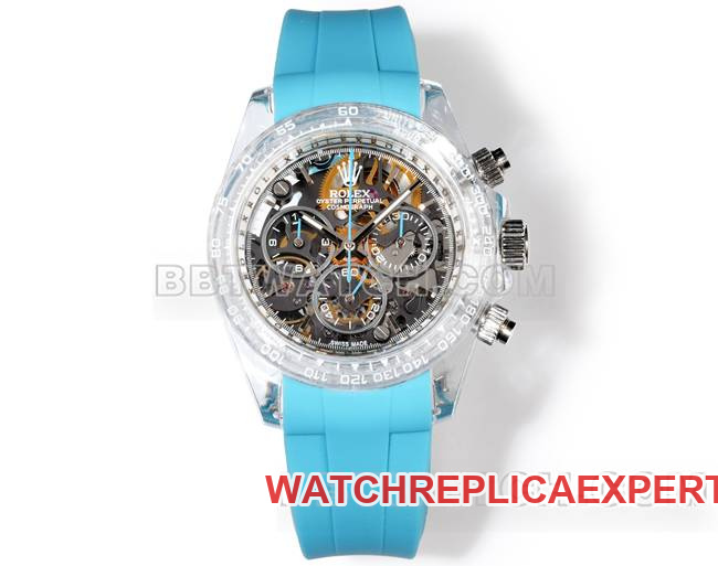 Super Clone Watches TW Factory Daytona Rolex Boîtier transparent Bracelet en caoutchouc bleu P0 Boîtier transparent P1