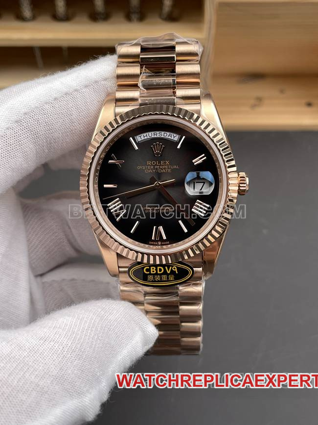 Best replica watch Rolex CBD Factory Day-Date Rolex Rolex 3255 mechanical with rose gold smoked black dial