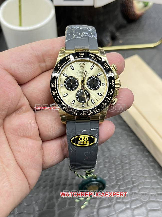 Best Replica Rolex Daytona Gold Plate CBD Factory 18K Gold 4130 Mechanical