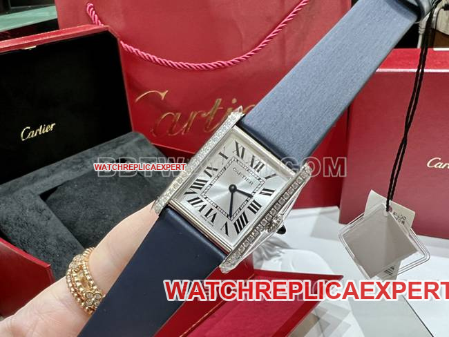 Best replica Cartier Tank DR Factory silver white dial diamond bezel quartz blue leather bracelet