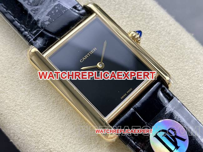 Best Replica Watch DR Factory Cartier Tank Must Black Dial Gold Case Quartz Black Bracelet