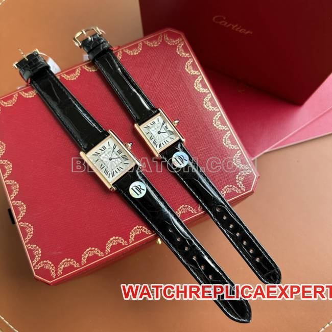 Cartier DR Factory Tank Replica Watch Silver Gray Dial Rose Gold Case Quartz Black Strap