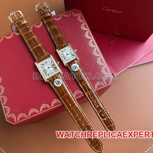 Cartier Super Clone Uhr DR Factory Tank Silbergraues Zifferblatt Roségoldgehäuse Quarz braunes Armband
